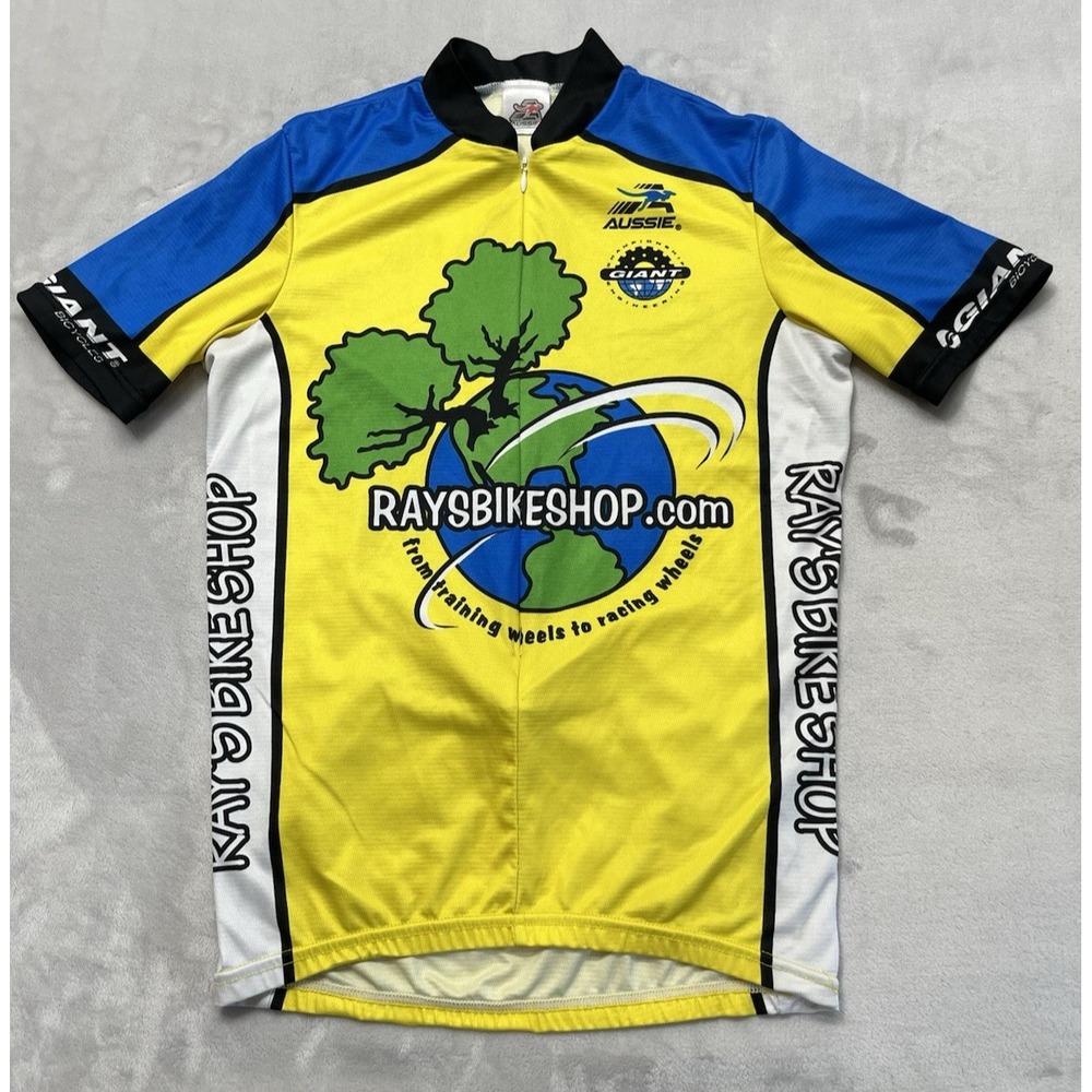 VTG Aussie Cycling Jersey Men Medium Yellow Rays Bike Shop Logo Back Pockets